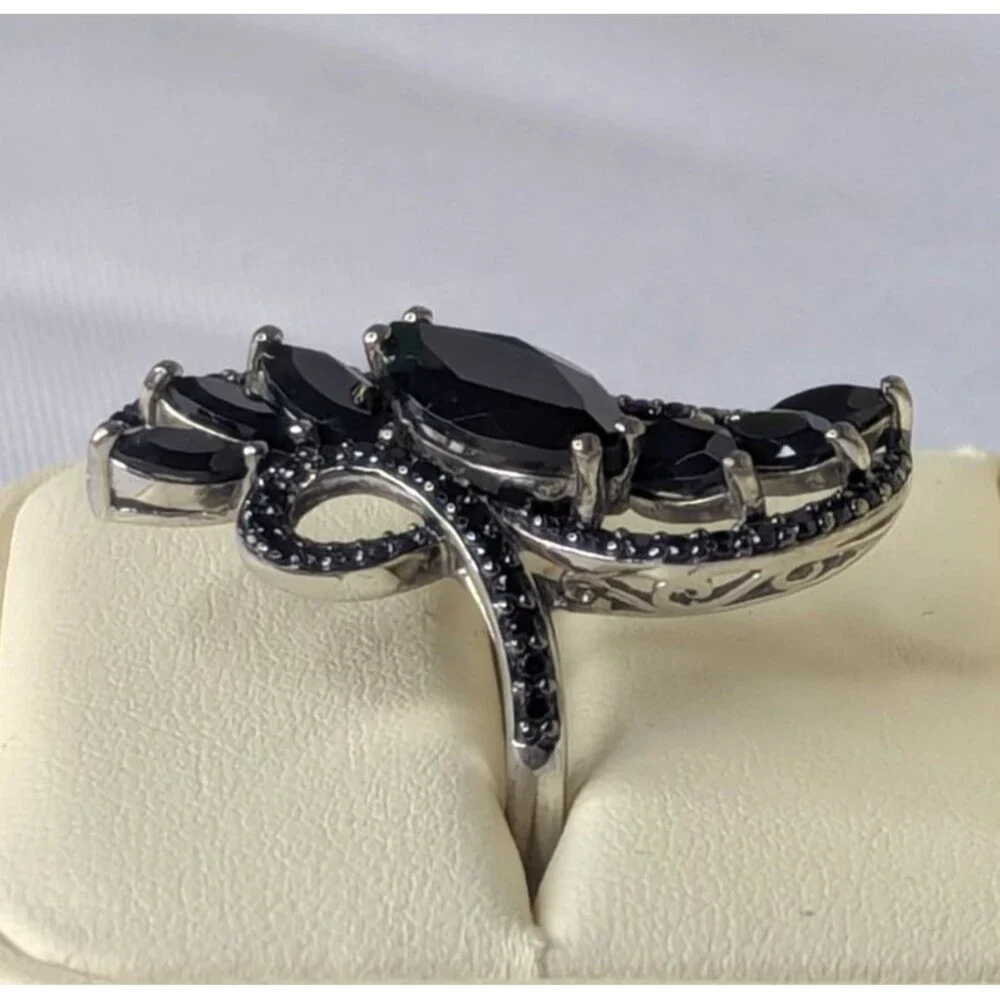 Black Spinel Cocktail Ring - Sterling Silver, Marquise, Swirl, Size 11 - Picture 2 of 6